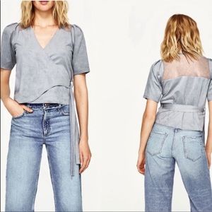 Zara Basics Blue Faux Suede Lace Blouse Vest